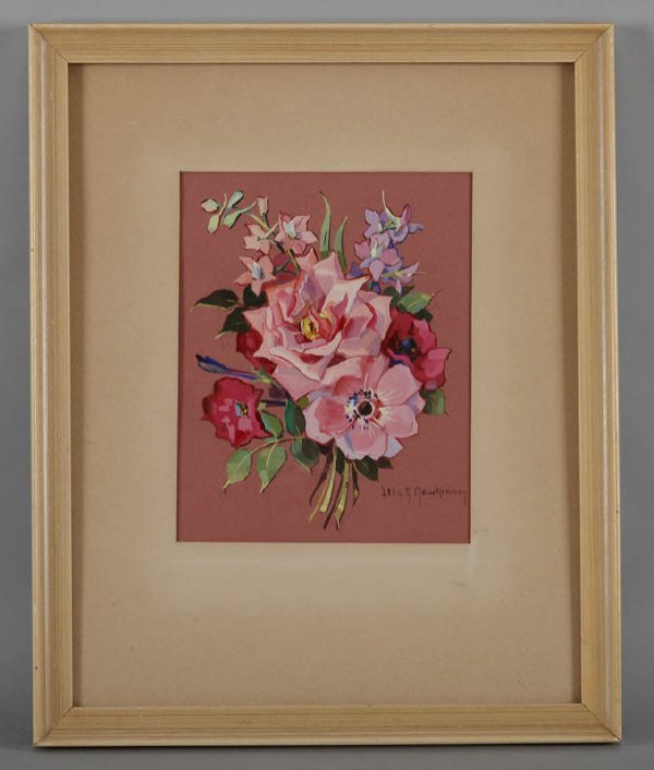 Ella K. Mewhinney (Am. 1891-1962), gouache: Flowers, 9 1/2"H x 7 1/2"W, Frame: 18 1/2"H x 15"W, signed lower right: Ella K. Mewhinney