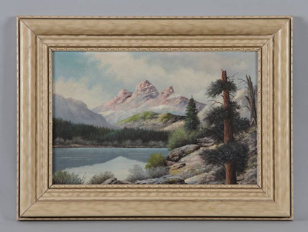 "Tex" John M. Moore (Am. 1865-1948), oil on: canvasboard, Grand Teton, 1935, 10"H x 15"W, Frame:14 1/2H x 19 1/2"W, signed lower right: Tex Moore 1935