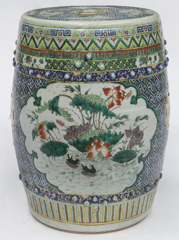 Chinese Qing famille rose porcelain stool, (1 of 8)