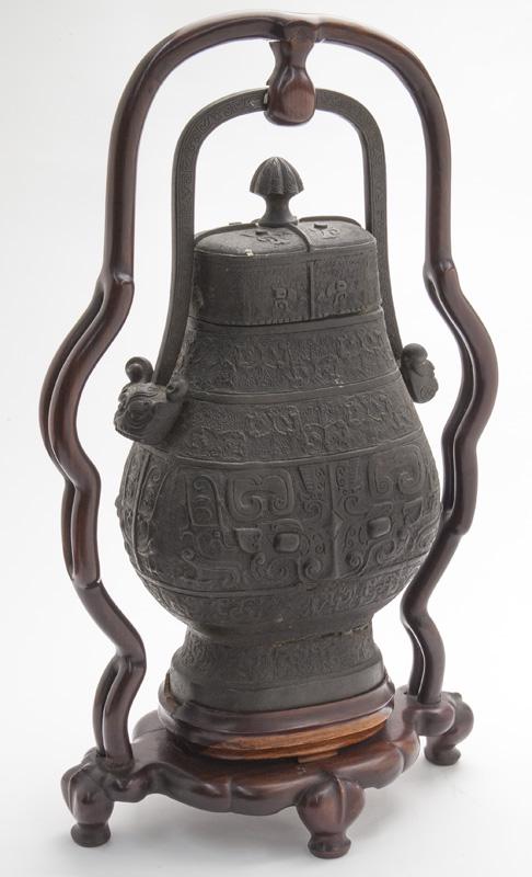 Chinese Ming bronze hanging vase and cover, (1 of 9)