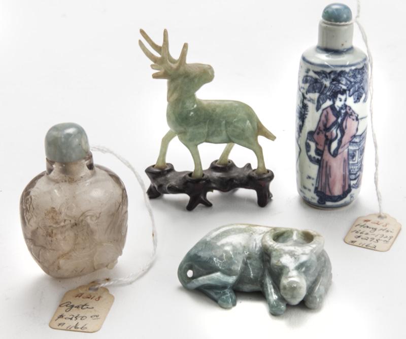 (2) Carved jadeite animals and (2) snuff bottles, (1 of 9)