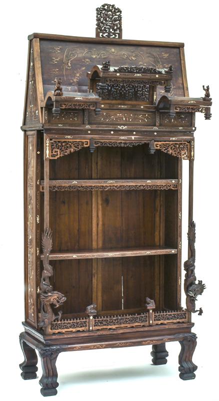 Chinese Qing rosewood curio cabinet,: Chinese Qing rosewood curio cabinet, having boxwood and bone inlaid to depict birds and flowers, surmounted by large roof structure and flanked by carved dragon columns. PROVENANCE: From the Collectio