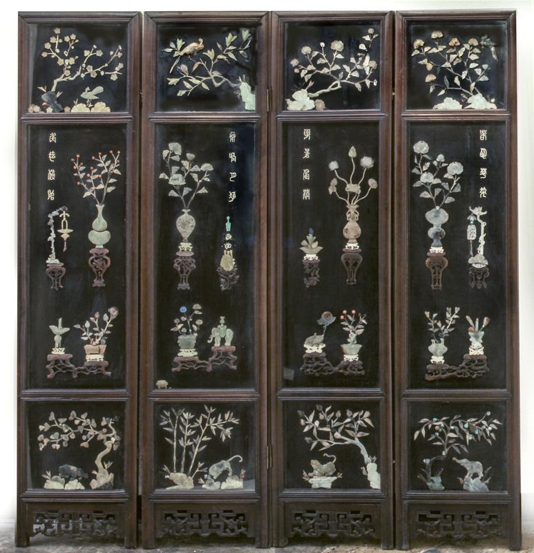 Chinese soapstone & jade inlaid four panel screen, (1 of 10)