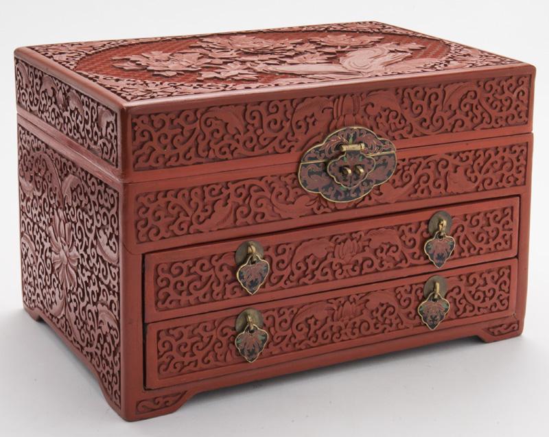 Chinese carved cinnabar jewelry box, (1 of 8)