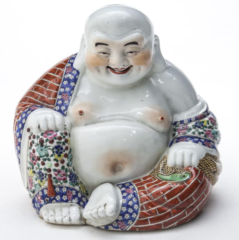Chinese Qing famille rose porcelain Buddha,: Chinese Qing famille rose porcelain Buddha, seated on ground, one hand holding prayer beads, the other hand holding a bag. Marked, "Zhu Mao Ji Zao". 10.5"H, Circa - Late 19th C.