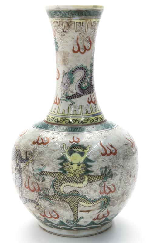 Chinese Qing famille rose porcelain vase,: Chinese Qing famille rose porcelain vase, depicting five dragons in clouds. With four character mark to underside. PROVENANCE: From the Collection of Wei Yuan Hsueh and Emily Hsueh, Dallas, Texas. Own