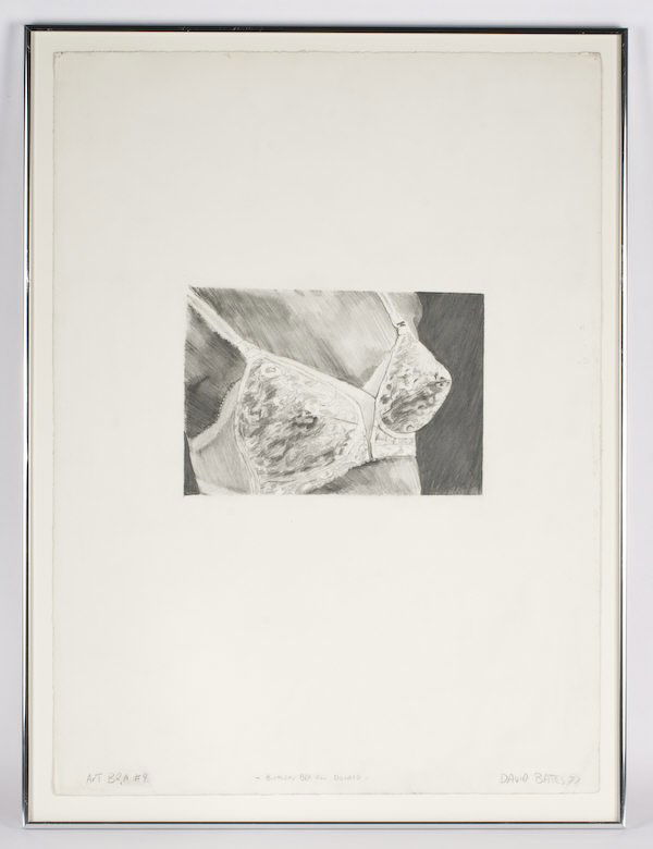 David Bates pencil on paper, titled, "Art Bra #4 -Bi: David Bates pencil on paper, titled, "Art Bra #4 -Birthday Bra for Donald". Paper: 29.5"H x 21.75"W; Frame: 32.25"H x 24.25"W. Signed and dated in pencil lower right, "David Bates 77". David Bates (Am