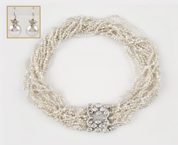 14/18K Gold, diamond and pearl necklace and ear rin: 14/18K Gold, diamond and pearl necklace and ear rings, the18K gold 15 strand keshi pearl necklace, containing 80 round brilliant cut diamonds, 2.50 cts. approximate, with a pair of 12.5 mm Tahitian pe