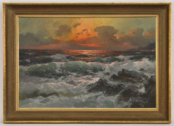 Alexander Dzigurski oil painting on canvas, depicti: Alexander Dzigurski oil painting on canvas, depicting crashing waves at sunset. Canvas: 24"H x 36"W; Frame: 30.5"H x 42.75"W. Signed lower right, "A. Dzigurski". Alexander Dzigurski (Yugoslavian/Ameri