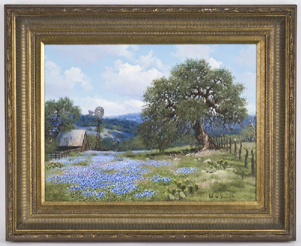 William Slaughter oil painting on canvas, depictin: William Slaughter oil painting on canvas, depicting a Texas landscape with bluebonnet. Canvas: 18"H x 24"W; Frame: 26"H x 32"W. Signed lower right, "W. A. Slaughter" William Slaughter (American, 1923-