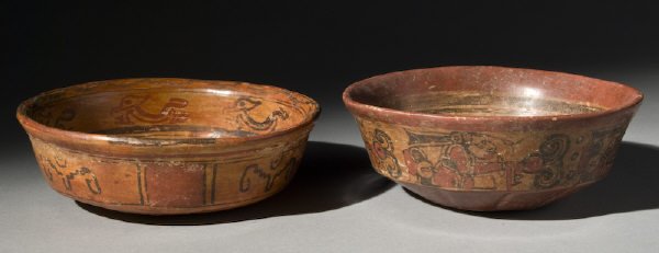 2 Pcs. Pre-Columbian pottery including: (1) Mayan : 2 Pcs. Pre-Columbian pottery including: (1) Mayan Copador vessel, appearing intact with heavy mineral deposits, El Salvador; (1) Mayan bowl with stylized jaguar motif on the interior, appearing intact