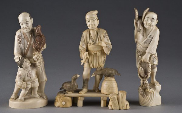 3 Japanese carved ivory kimonos depicting (Interna: 3 Japanese carved ivory kimonos depicting (International shipping IS NOT available on this item. This elephant ivory was imported legally into the United States.) fishermen and farmers. Largest: 7.25"