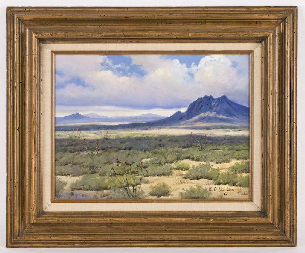 William A. Slaughter oil painting on canvas,: depicting an arid landscape. Canvas: 12"H x 16"W; Frame: 19.5"H x 23.25"W. Signed lower right, "W. A. Slaughter". William A. Slaughter (American, 1923-2003) was a Texas artist known for Texas landscap