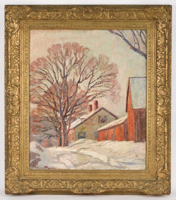 Robert Emmett Owen oil painting on canvas,: depicting a winter farmhouse scene. Canvas: 24"H x 20"W; Frame: 32"H x 28"W. Signed lower left, "R. Emmett Owen". Robert Emmett Owen (American, 1878-1957) was a New York artist known for seasonal land