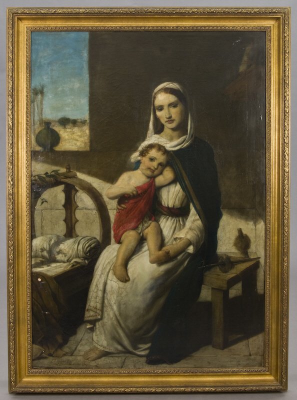 John Rogers Herbert oil painting on canvas laid: on masonite, "Nazareth", depicting an interior scene of Mary and Jesus. Masonite: "60"H x 41.5"W; Frame: 68"H x 50"W. Signed with partially abraded inscription and dated lower left, "J. R. Herbert RA 