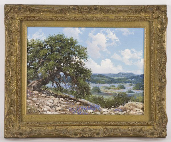 William A. Slaughter oil painting on canvas,: depicting a Texas hill country landscape with bluebonnets and indian paintbrush wildflowers. Canvas: 12"H x 16"W; Frame: 17.5"H x 21.25"W. Signed and dated lower left, "W. A. Slaughter 77". William A.
