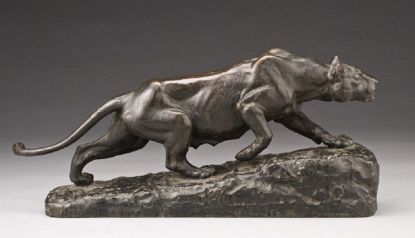 Isidore Jules Bonheur bronze sculpture,: modeled as a striding lioness standing on naturalistic base, having a dark patina. Inscribed on base, "I. Bonheur", stamped, "Peyrol". Isidore Jules Bonheur (French, 1827-1901). 8"H x 15.5"L, Circa - 