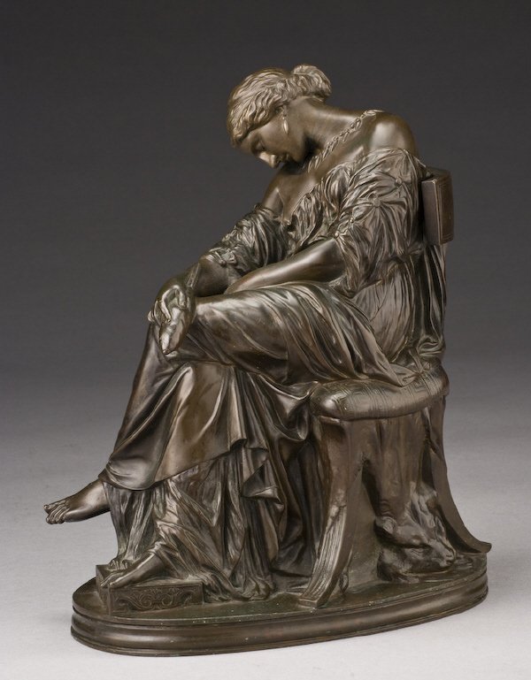 After Pierre Jules Cavelier bronze sculpture,: depicting a seated figure of Sapho holding a spindle, having a dark brown patina. Stamped, "J. Cavelier 335"; Seal for A. Collas Brevete Reduction Mecanique. Inscribed underneath, "32". Pierre Jules C