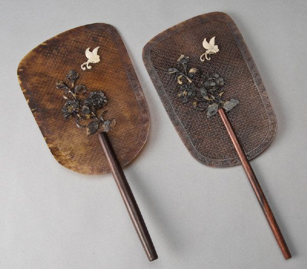 Pr. Chinese carved tortoise shell fans depicting: flowers and butterflies. 13.5"H x 6"W, Circa - 20th C.