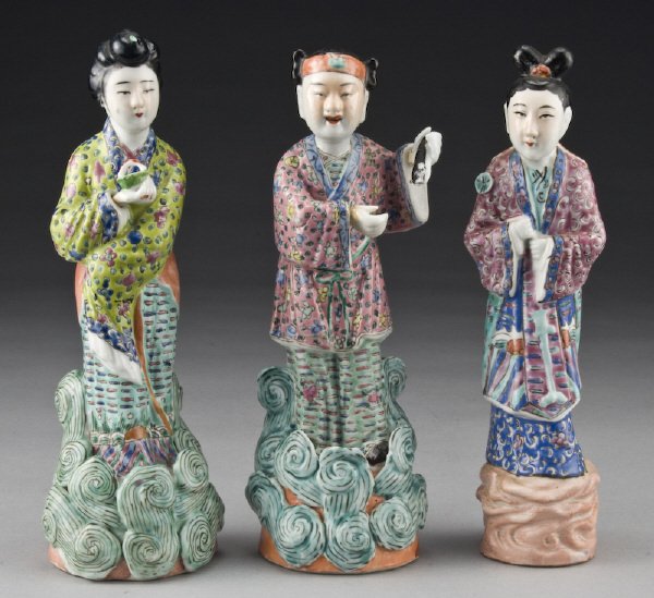 (3) Chinese famille rose porcelain figures: depicting two girls and one boy. Signed by Wei Hong Tai. 10.5"H, Circa - Late 19th C.