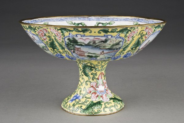 Chinese enamel over bronze compote depicting: bats and peaches. Spurious four character mark for Qianlong production. 4.5"H x 7.5" Dia., Circa - 20th C.