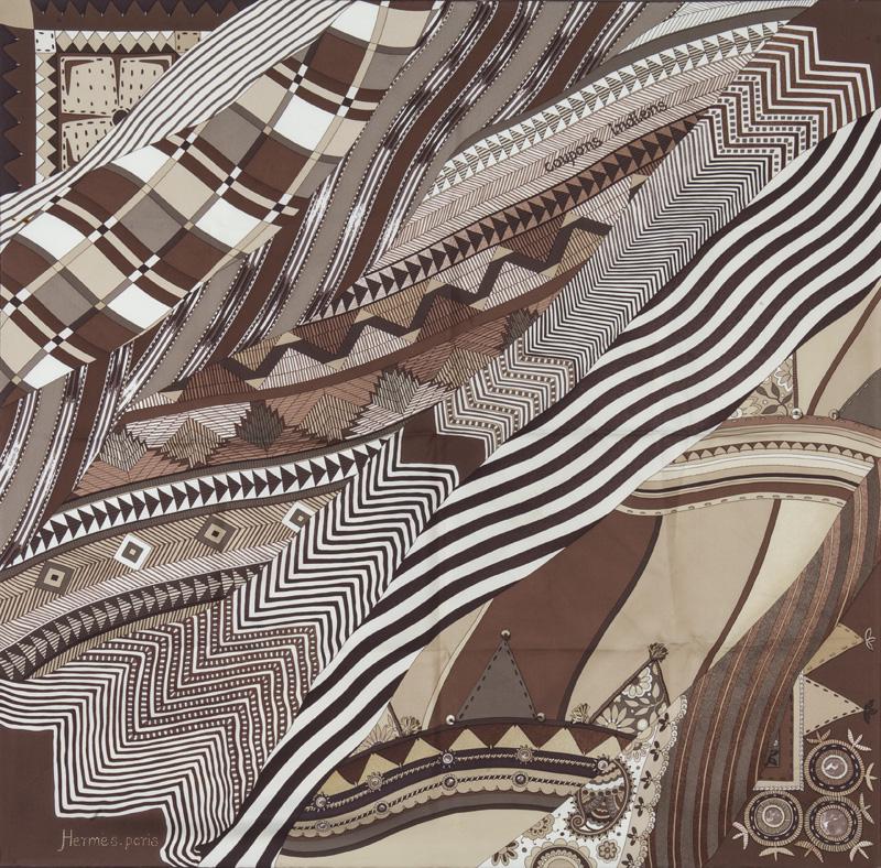 Hermes "Coupons Indiens" silk scarf: Hermes "Coupons Indiens" silk scarf in brown and cream colorway, designed by Aline Honore. 36" Sq.,