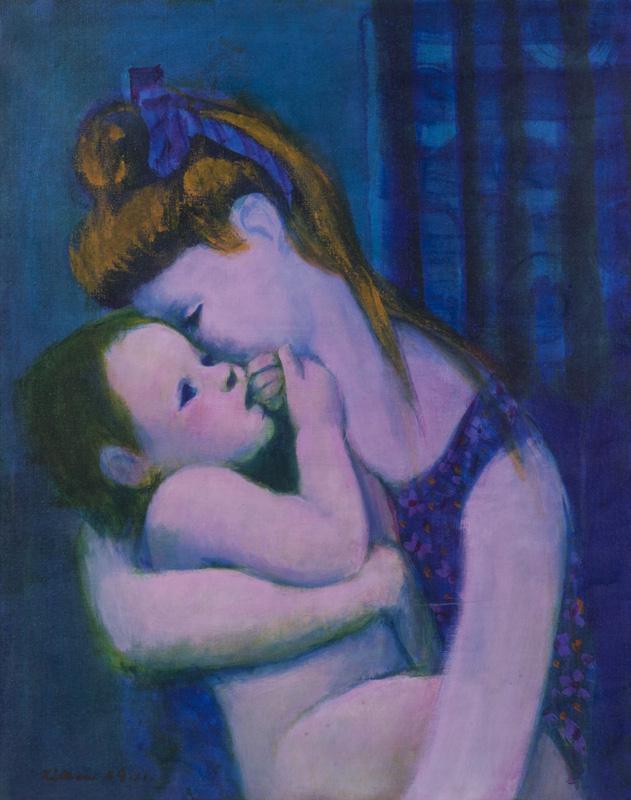 Gustav Likan "Mother and Child" oil on canvas.: Gustav Likan "Mother and Child" oil on canvas. Signed lower right, "Likan Gustav". Canvas: 30.25"H x 23.75"W; Frame: 33.5"H x 27.25"W. Gustav Likan (Yugoslavian, 1912-1998).