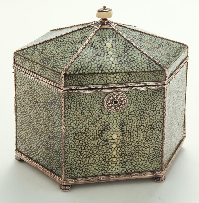 Antique shagreen cased 6-sided wooden tea caddy (1 of 9)