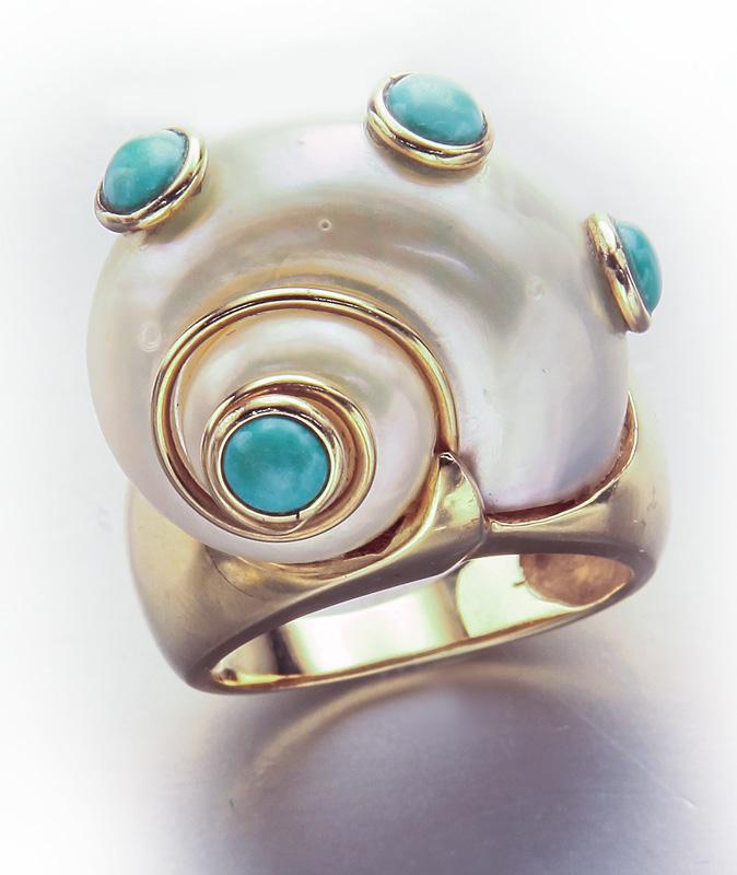 MAZ 14K gold & turbo shell ring,: MAZ 1K gold & turbo shell ring, with cabachon turquoise embellishments. Marked, "MAZ 14K". 13 grams. Size: 6.
