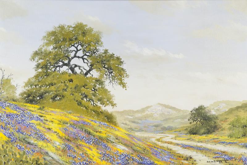 William Slaughter "Untitled (Texas landscape with: William Slaughter "Untitled (Texas landscape with bluebonnets" oil on canvas. Signed lower right, "W.A. Slaughter". Canvas: 24"H x 36"W; Frame: 31"H x 36"W. William A. Slaughter (American, 1923 - 2003