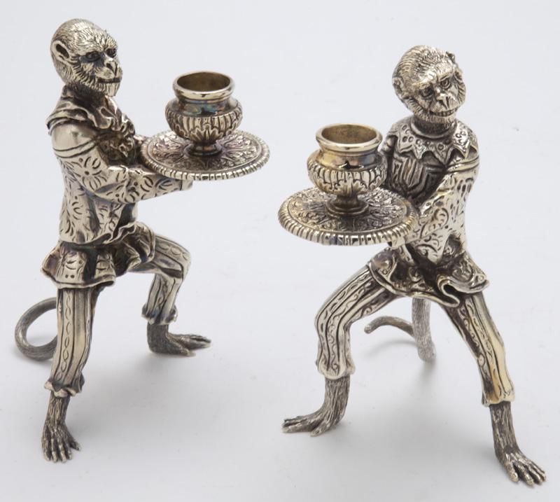 Pr. Ubaldo Vitali for Tiffany & Co. sterling: Pr. Ubaldo Vitali for Tiffany & Co. sterling monkey candle holders. Marked to underside, "Tiffany & Co. Sterling", total weight: 59 ozt. 6.25"H This pair of harlequin-dressed singerie candle holders i