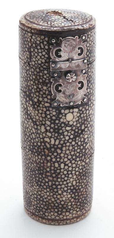 Rare antique shagreen cased fishing set,: Rare antique shagreen cased fishing set, with circular carved bone holder with nine sets of fishing line and bobbers and removable four section center tube holding extra hooks, weights and line. With 