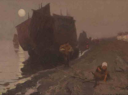 Eanger Irving Couse "A Fisherman's Return" oil: Eanger Irving Couse "A Fisherman's Return" oil on canvas. Signed lower right, "E.I. Couse". Canvas: 12"H x 16"W; Frame: 21"H x 25"W. Eanger Irving Couse (American, 1866 - 1936).