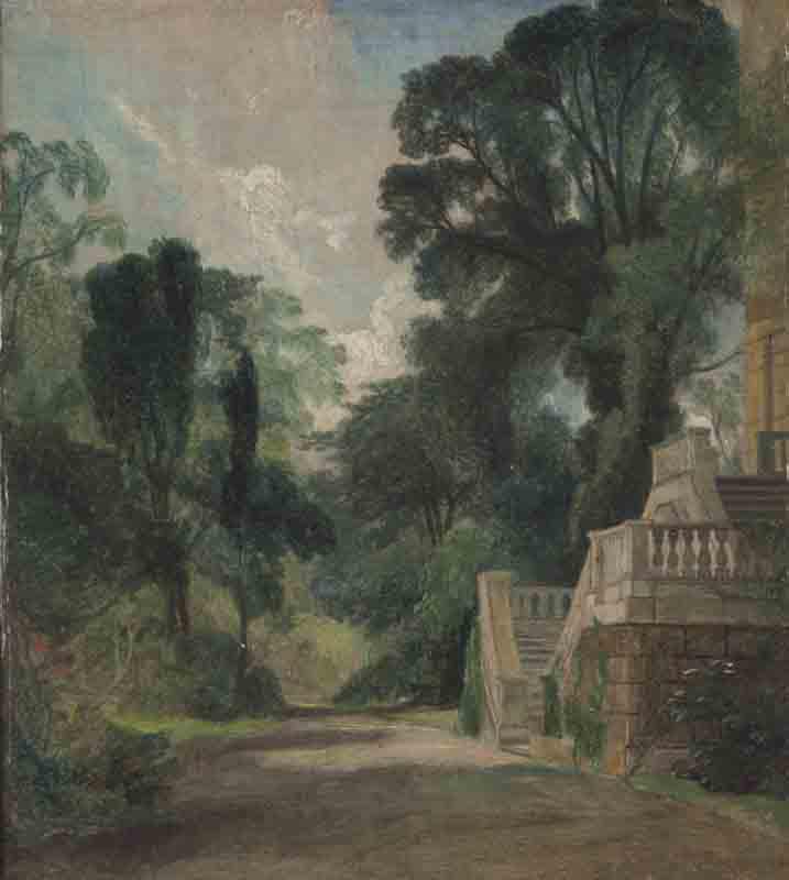 Attributed to John Constable "A View Near Dedham": Attributed to John Constable "A View Near Dedham" oil on canvas, laid to wood panel. Canvas: 10.25"H x 9"W; Framed: 14.5"H x 13.5". PROVENANCE: Newhouse Galleries (New York); Mr. and Mrs. F. Howard Wa