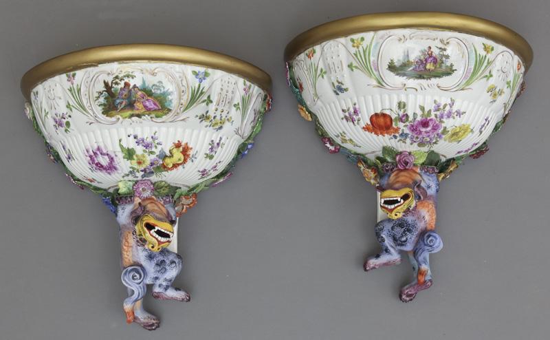 Pr. Unusual Meissen style porcelain wall brackets, (1 of 11)