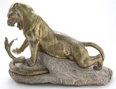 Robert Bousquet "Tigre attaquant un serpent" gilt: Robert Bousquet "Tigre attaquant un serpent" gilt bronze on marble base. Signed to base, "Bousquet". 12.5"H x 16.5"W x 8"D,