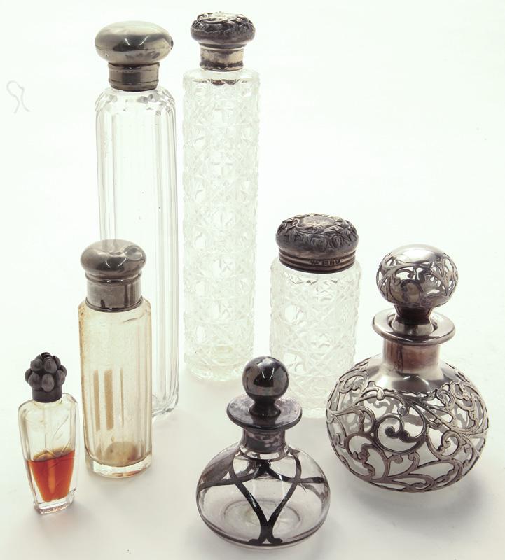 (7) Antique cut glass and silver perfumes,: (7) Antique cut glass and silver perfumes, including: (1) marked for Gorham. Tallest: 7"H,