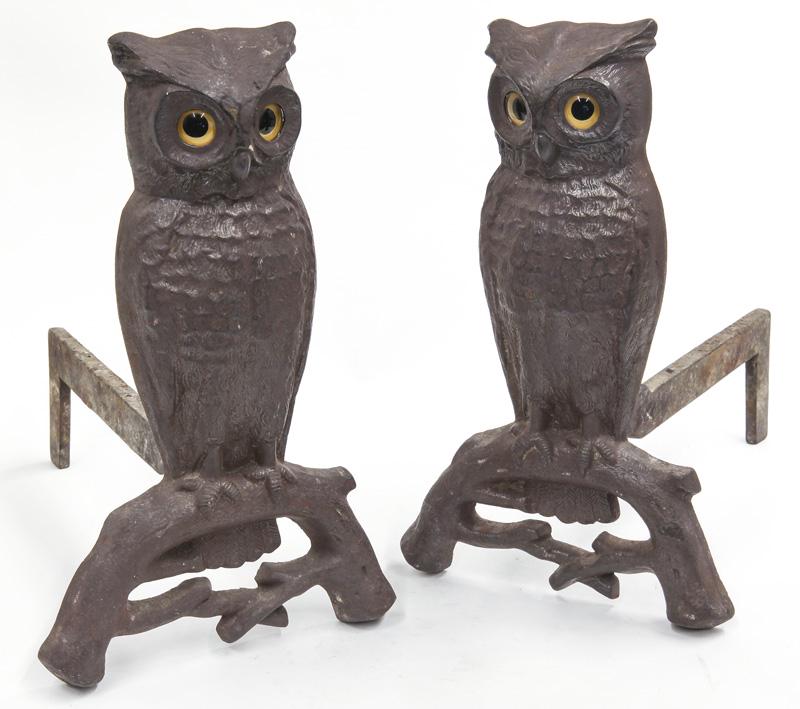 Pr. Antique cast iron owl shaped andirons (1 of 6)
