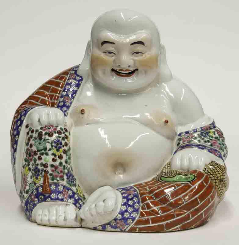 Chinese Qing famille rose porcelain happy Buddha,: Chinese Qing famille rose porcelain happy Buddha, in seated position, holding a bag in his left hand. Marked, "Zhu Mao Ji Zhao". 11"H, Circa - 19th C.
