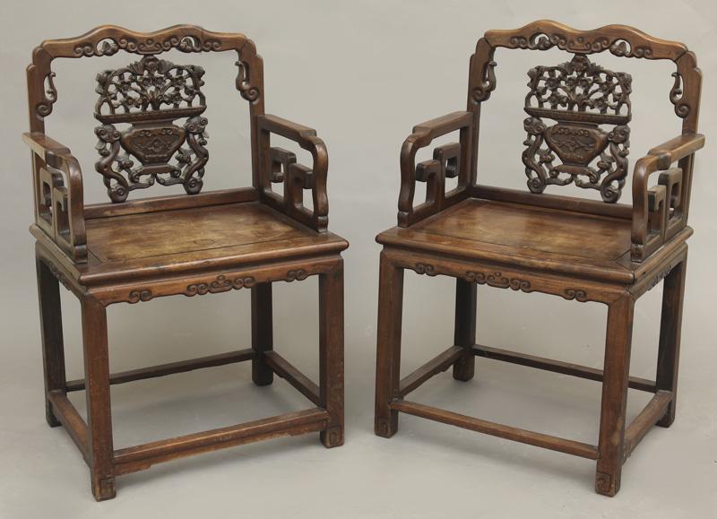 Pr. Chinese Qing rosewood arm chairs, (1 of 10)