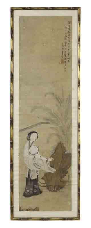 Chinese Qing watercolor painting by Chen Zhen Ji,: Chinese Qing watercolor painting by Chen Zhen Ji, depicting a lady in a courtyard beside a rock and a banana tree. 45"H x 12"W, Circa - 19th C.
