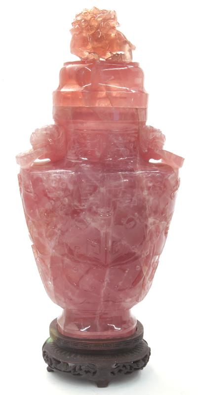 Chinese Qing carved rose quartz vase, (1 of 8)