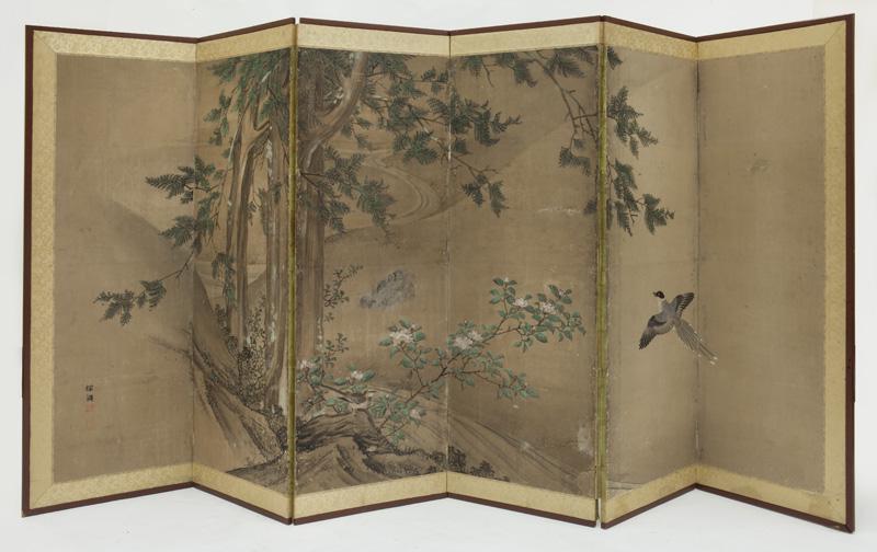 Japanese late Edo watercolor painted screen, (1 of 6)