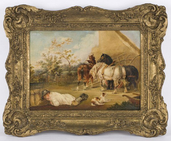 William Joseph Shayer oil painting on canvas,: depicting a resting traveler. Canvas: 12.5"H x 17.5"W; Frame: 19"H x 24"W. Signed lower right, "W J Shayer" William Joseph Shayer (English, 1811-1892). Circa - 19th C.