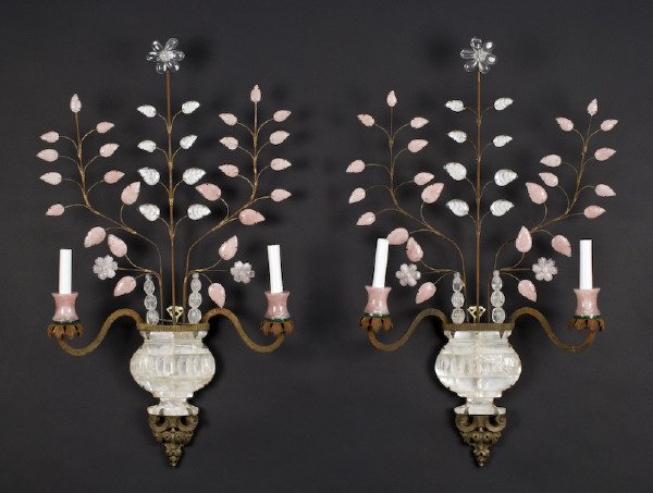 Pr. Bagues style rock crystal/rose quartz sconces,: the rock crystal urn shaped back plate issuing six branches adorned with rock crystal and rose quartz leaves, and two arms with rose quartz and malachite candle cups. Electrified. 33"H x 18"W x 5"D, C