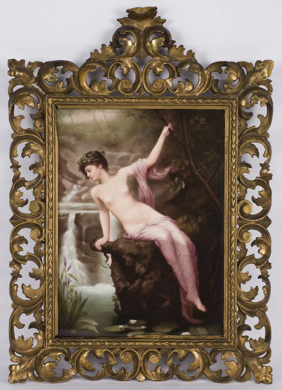 KPM Berlin porcelain plaque painted to depict,: a partially draped water nymph seated on a rocky outcrop with waterfalls to the left in a surrounding forest. Impressed, "KPM" with scepter mark, with various impressed marks. Plaque: 10"H x 7.5"W; Fr