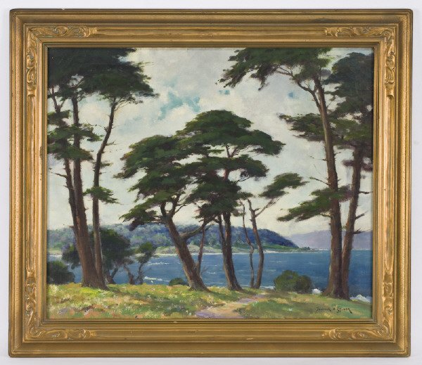 Dedrick Brandes Stuber oil painting on canvas,: depicting a Monterey coastal scene. Canvas: 25"H x 30"W; Frame: 31.5"H x 36.25"W. Signed lower right, "Dedrick B. Stuber". Dedrick Brandes Stuber (American, 1878-1954) was a California artist known fo