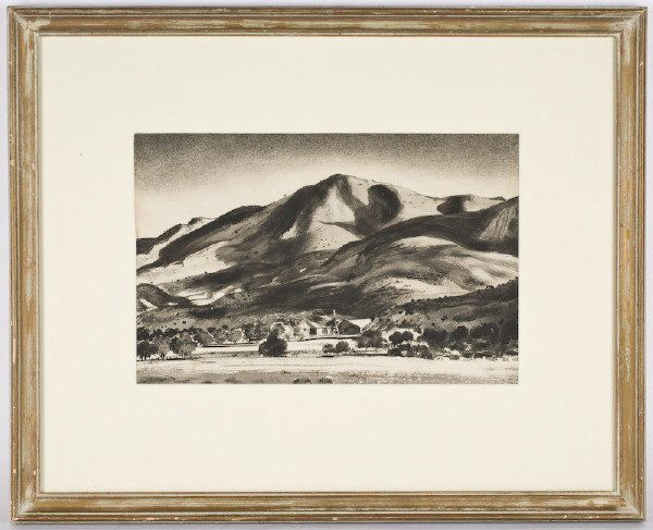 Peter Hurd ink and wash on paper,: titled, "La Escuela del Hgudo" Paper: 9"H x 13.75"W; Frame: . Signed lower left, "Peter Hurd". Peter Hurd (American, 1904-1984) was a New Mexico artist known for western landscapes. Circa - 20th C.
