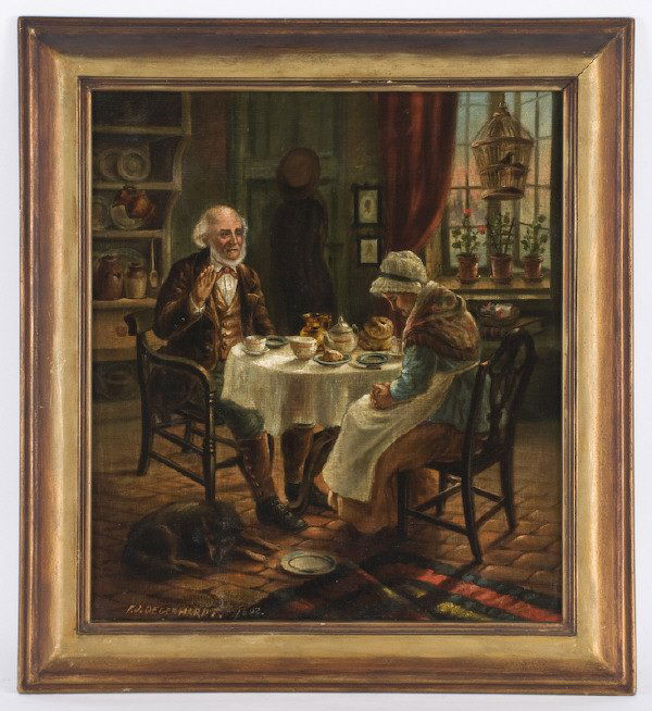 German school oil painting on canvas,: depicting a genre scene. Canvas: 18"H x 16"W; Frame: 22.5"H x 20.5"W. Signed and dated lower left, "F. J. Degenhardt. 1892".