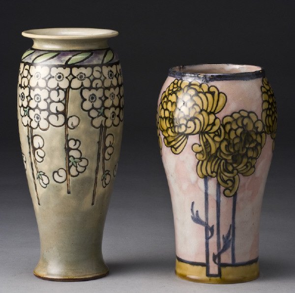 (2) Royal Doulton stoneware vases: in Arts and Craft style, including: (1) decorated by Florrie Jones with a pink ground and painted florals, marked for Royal Doulton, signed, "FJ", impressed, "8010 S"; (1) decorated by Bessie Newbery 